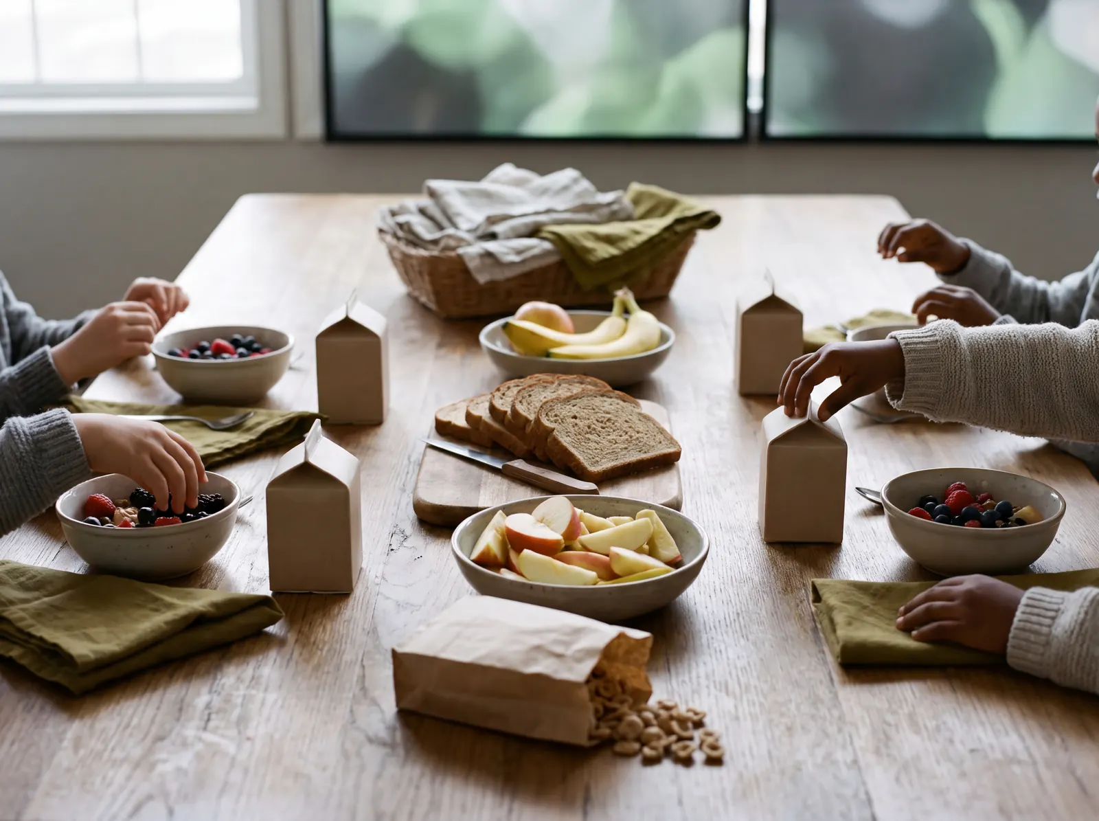 A community breakfast table with fruit, milk and toast in morning light