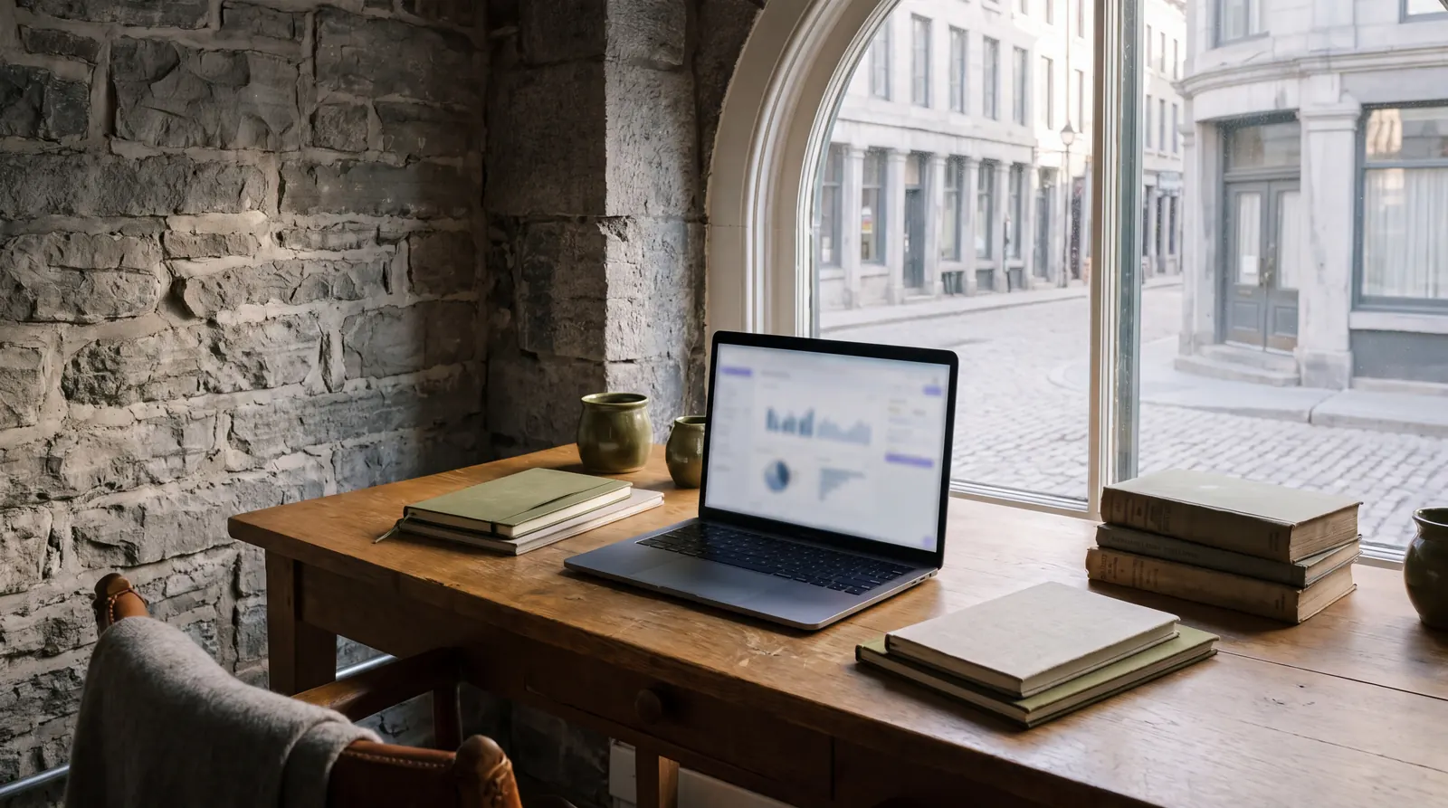 A calm workspace in an Old Montreal stone building with an arched window and a laptop