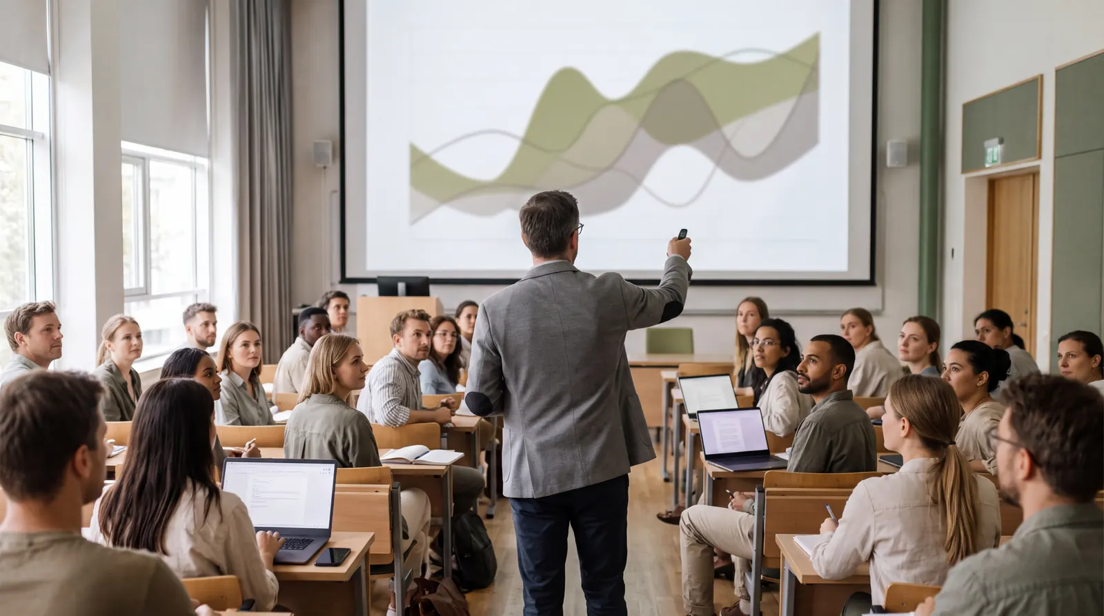 An instructor presenting a chart to adult students in a university lecture hall
