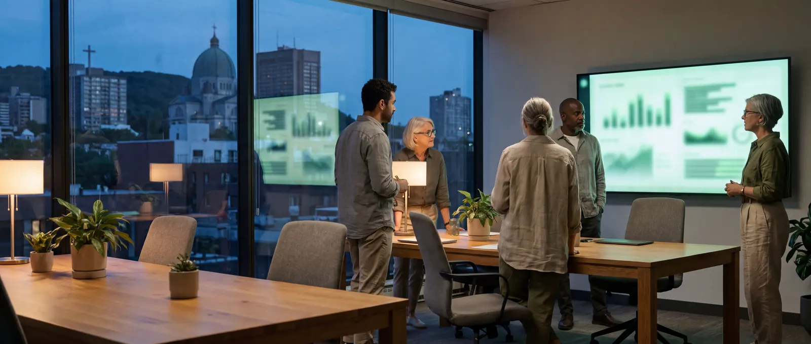 A small team in a Montreal office at dusk reviewing search and analytics charts on a wall screen