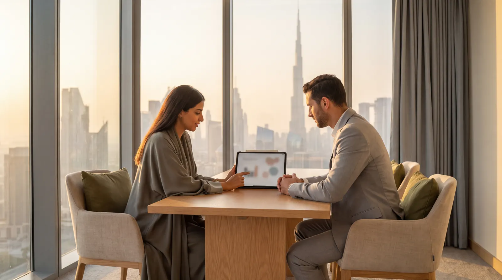 Two professionals reviewing a tablet in a Dubai office tower at golden hour