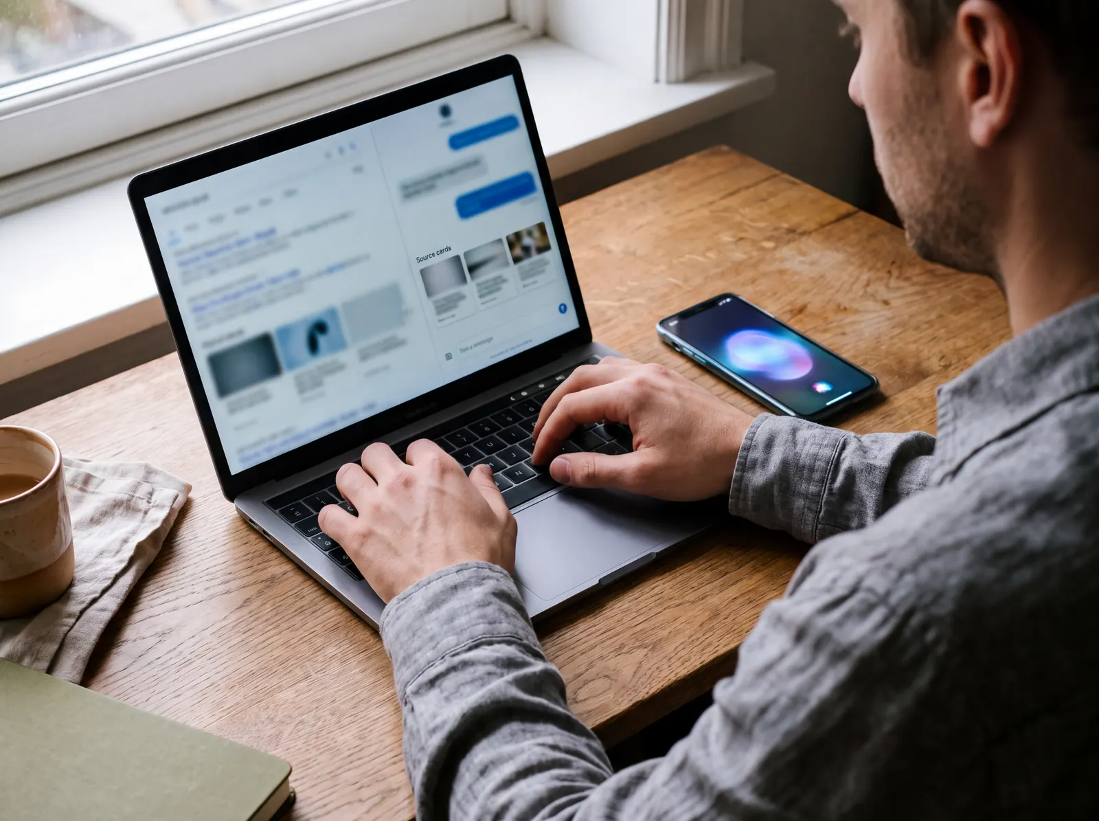 A laptop showing a search results page beside an AI answer