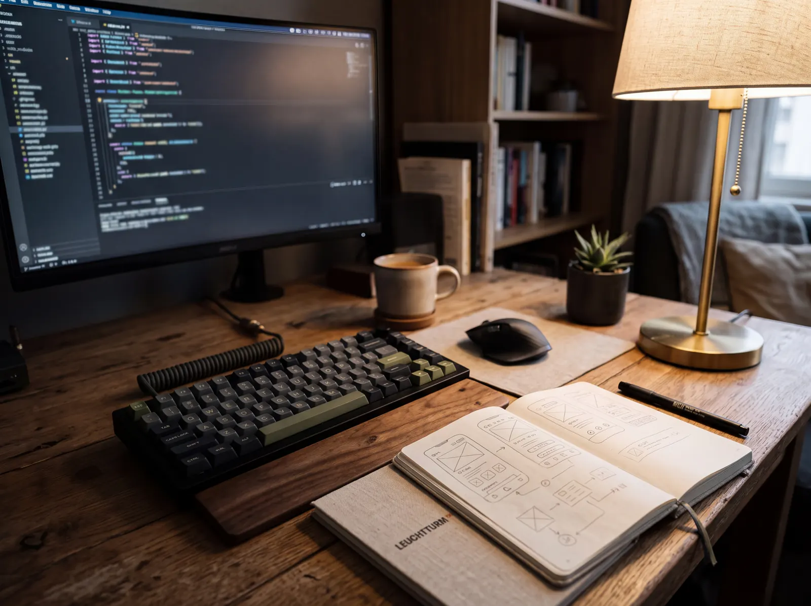 A developer desk with code on a monitor and hand-drawn wireframes in a sketchbook